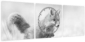 Tablou - Vulpe care sare,alb-negru (cu ceas) (90x30 cm)