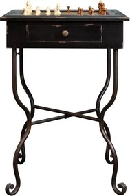 Măsuță laterală vintage înaltă din lemn și metal, negru, cu tablă de șah și sertar, finisaj patinat, 68 x 46 x 46 cm, „Check Mate”
