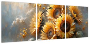 Tablou - Pictură cu floarea-soarelui (cu ceas) (90x30 cm)