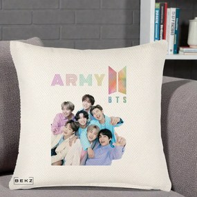 Perna Personalizata K-pop BTS ARMY Fotografie Grup Veseli, 40x40 cm, Crem Reliefat, Husa Detasabila, Perna Inclusa, BEKZ®