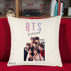 Perna Personalizata K-pop BTS Forever cu Foto Grup Negru, 40x40 cm, Crem Reliefat, Husa Detasabila, Perna Inclusa, BEKZ®