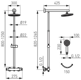 Coloana dus FDesign Anima, baterie termostatata, palarie 30 cm, furtun 1.5 m, para mobila 10 cm, crom - FDSFD5-ANA-7U-11