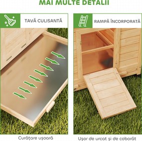 PawHut Coteț din Lemn cu 2 Căsuțe, Coteț pentru Găini de Exterior cu Acoperiș Impermeabil, Tavă Detașabilă și Bare, Adăpost pentru 2-4 Găini, Rațe, Grădină, 150x100x96,5 cm, Galben | Aosom Romania