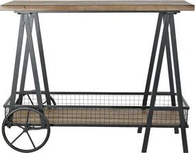 Consolă decorativă cu roți, stil industrial modern, culoare natur, din metal și lemn de molid, „Spruce”