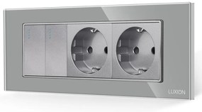 Intrerupator Dublu + 2 Prize cu Rama din Sticla LUXION, Standard Italian, 6M