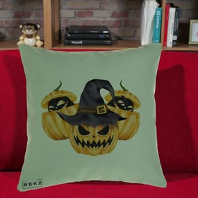Perna Decorativa Trio Dovleci Jack-o-Lantern cu Palarie Vrajitoare, 40x40 cm, Verde, Husa Detasabila, Perna Inclusa, BEKZ®