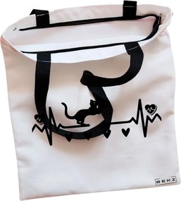 Sacosa de Panza pentru Cumparaturi, Geanta Tote, model Cat Love 2, Cu fermoar, 38x34.5 cm, Alba, BEKZ®