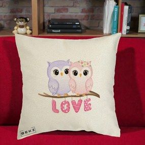 Perna Decorativa Love Bufnite Indragostite pe Crenguta Roz si Mov, 40x40 cm, Ecru, Husa Detasabila, Perna Inclusa, BEKZ®