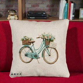 Perna Decorativa Bicicleta Teal cu Cosuri Duble de Flori Vintage, 40x40 cm, Bej Canapea, Husa Detasabila, Perna Inclusa, BEKZ®