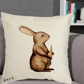 Perna Decorativa Iepuras Acuarela cu Morcov, 40x40 cm, Ecru, Husa Detasabila, Perna Inclusa, BEKZ®
