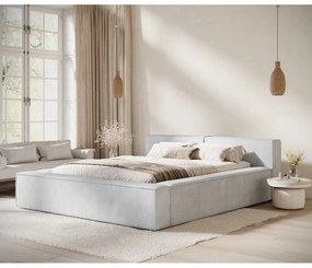 Pat matrimonial gri deschis tapițat cu spațiu de depozitare cu somieră 180x200 cm Voliera – Maison de Rêve