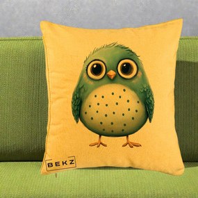 Perna Decorativa Pasare Teal cu Buline Teal, 40x40 cm, Galben, Husa Detasabila, Perna Inclusa, BEKZ®