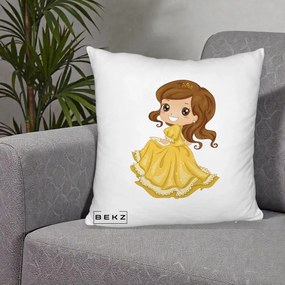 Perna Decorativa Printesa Bella Rochie Aurie, 40x40 cm, Alb Pufos, Husa Detasabila, Perna Inclusa, BEKZ®