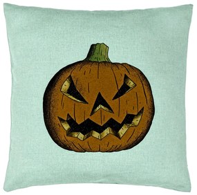 Perna Decorativa cu motiv Dovleac de Halloween 2, 40x40 cm, Verde Menta, Husa Detasabila, Burduf