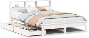 vidaXL Pat cu bibliotecă fără saltea, alb, 135x190 cm, lemn masiv pin
