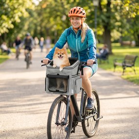 PawHut Coș Frontal pentru Bicicletă pentru Câini, cu Ferestre din Plasă, Pernă Moale și Bol, Gri Deschis | Aosom Romania