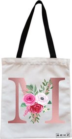 Sacosa de Panza pentru Cumparaturi, Geanta Tote, Cu litera M Rose Gold si Trandafiri, Cu fermoar, 38x34.5 cm, Alba, BEKZ®