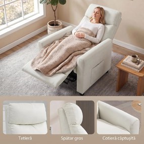 HOMCOM Fotoliu Reclinabil 135° max în Material cu Efect de In, Spumă, Oțel și Lemn, 73x86x100 cm, Crem | Aosom Romania