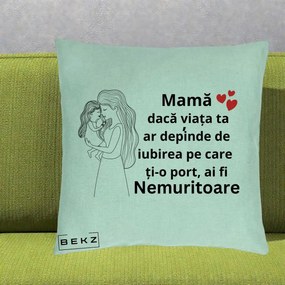 Cadou pentru Mama - Perna Personalizata Mama Nemuritoare cu Copilul in Poala, 40x40 cm, Verde Menta, Husa Detasabila, Perna Inclusa, BEKZ®