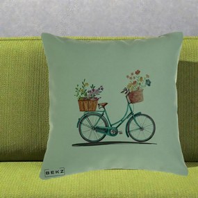 Perna Decorativa Bicicleta Florala Turcoaz Acuarela, 40x40 cm, Verde, Husa Detasabila, Perna Inclusa, BEKZ®