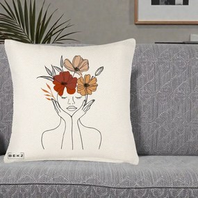 Perna Decorativa Portret Feminin Coroana Trei Flori, 40x40 cm, Crem Reliefat, Husa Detasabila, Perna Inclusa, BEKZ®
