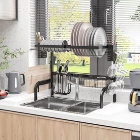 HOMCOM Uscător de Vase de Tip Stand Modular cu 2 Nivele 65x31.5x52.5 cm Negru | Aosom Romania
