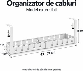 Organizator de cabluri sub birou, extensibil 43–74 cm, lățime 14 cm, prindere fără găurire, oțel carbon, Alb