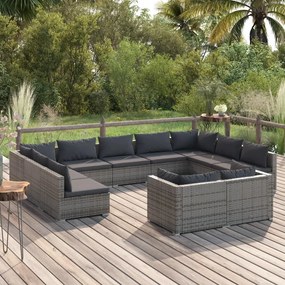 Set mobilier de gradina cu perne, 11 piese, gri, poliratan gri si antracit, 4x colt + 7x mijloc, 1