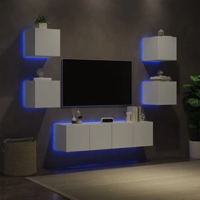 3216853 vidaXL Unități de perete TV cu LED-uri, 6 piese, alb, lemn prelucrat