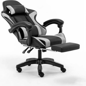 Scaun gaming, Masaj în perna lombară, Rabatabil 90-145°, Suport picioare, piele PU, Negru/Gri