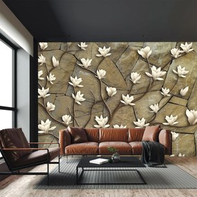 Fototapet - Magnolii albe pe zidărie de piatră (147x102 cm)
