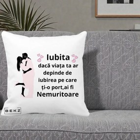 Cadou pentru Iubita - Perna Personalizata Iubita Nemuritoare cu Siluete de Cuplu, 40x40 cm, Alba Mata, Husa Detasabila, Perna Inclusa, BEKZ®