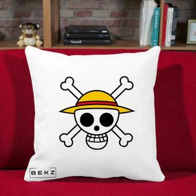 Perna Personalizata One Piece Jolly Roger Straw Hat Pirates, 40x40 cm, Alba Mata, Husa Detasabila, Perna Inclusa, BEKZ®