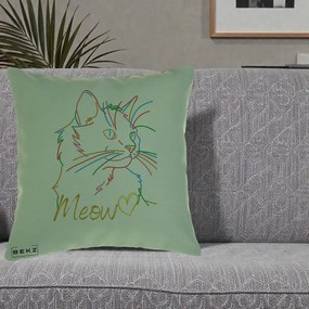 Perna Personalizata Pisica Meow Arta Linie Colorata, 40x40 cm, Verde, Husa Detasabila, Perna Inclusa, BEKZ®