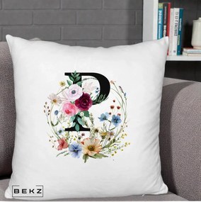 Cadou Personalizat - Perna Personalizata Monogram Litera P cu Flori Acuarela, 40x40 cm, Alb Pufos, Husa Detasabila, Perna Inclusa, BEKZ®