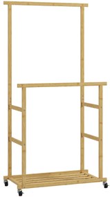 HOMCOM Suport pentru haine cu 2 bare, raft inferior și 4 roți din bambus, 80x40x160 cm, lemn natural | Aosom Romania