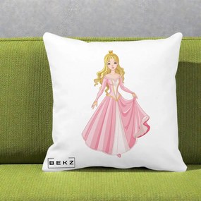 Perna Decorativa Printesa Aurora Rochie Roz, 40x40 cm, Alba Mata, Husa Detasabila, Perna Inclusa, BEKZ®