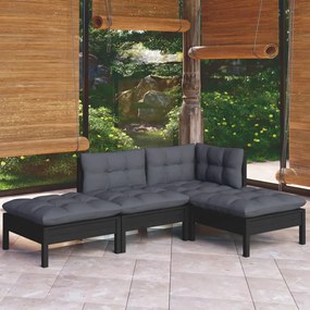 Set mobilier gradina cu perne, 4 piese, negru, lemn masiv de pin Negru, 1