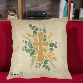 Perna Personalizata Cruce Florala Botez, 40x40 cm, Crem, Husa Detasabila, Perna Inclusa, BEKZ®