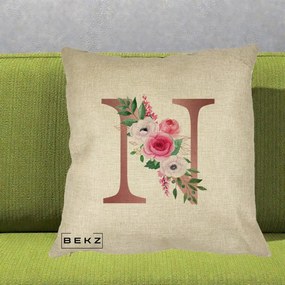 Cadou Personalizat - Perna Personalizata Monograma Rose Gold Litera N, 40x40 cm, Crem, Husa Detasabila, Perna Inclusa, BEKZ®