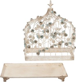 Colivie decorativa, alb, din metal, motive florale, aspect vintage