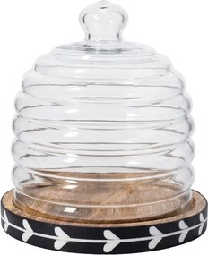Platou rotund din lemn de mango negru cu capac tip clopot din sticlă, model cu frunze stilizate albe, 23 × 24 cm, „Sylve"