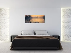 Tablou cu lebăde pe apă în ceață (120x50 cm)