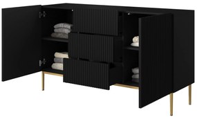 Comodă Nicole 150 cm cu trei sertare - negru mat / picioare aurii