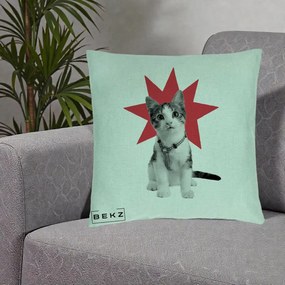 Perna Decorativa Pisica Star Pop Art, 40x40 cm, Verde Menta, Husa Detasabila, Perna Inclusa, BEKZ®