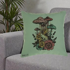 Perna Decorativa Ciuperci si Broaste Boho, 40x40 cm, Verde, Husa Detasabila, Perna Inclusa, BEKZ®