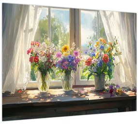 Tablou pe sticlă - Buchet la fereastră (70x50 cm)