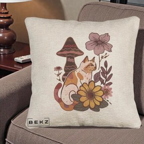 Perna Decorativa Pisica Vintage Florala Boho, 40x40 cm, Bej Canapea, Husa Detasabila, Perna Inclusa, BEKZ®