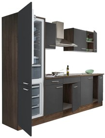 Mobilă de bucătărie Yorki 270, corp din stejar Yorki, față antracit satinat, frigider cu congelator în partea de jos