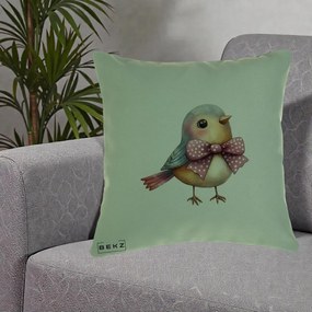 Perna Decorativa Pasare Bleu cu Fundita Roz, 40x40 cm, Verde, Husa Detasabila, Perna Inclusa, BEKZ®